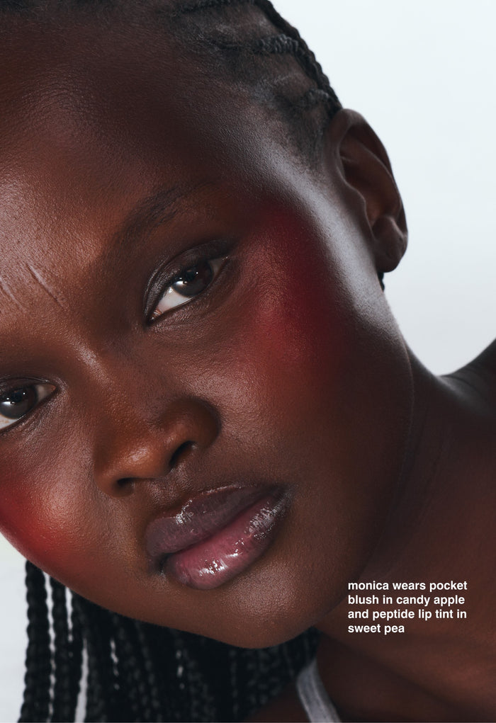monica wears pocket blush in candy apple and peptide lip tint in sweet pea