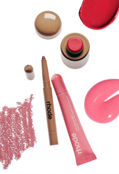 peptide lip shape press + swatch + peptide lip tint sweet pea + swatch, pocket blush candy apple + swatch