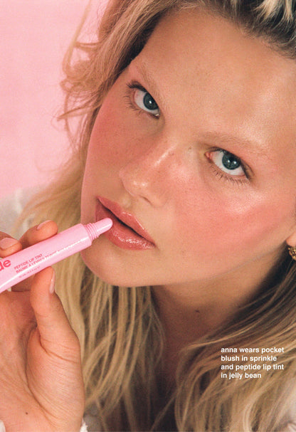 anna wears pocket blush in sprinkle and peptide lip tint in jelly bean