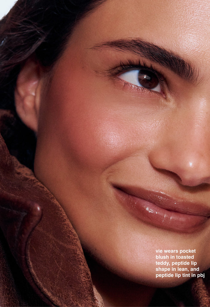 vie wears pocket blush in toasted teddy, peptide lip shape in lean, and peptide lip tint in pbj