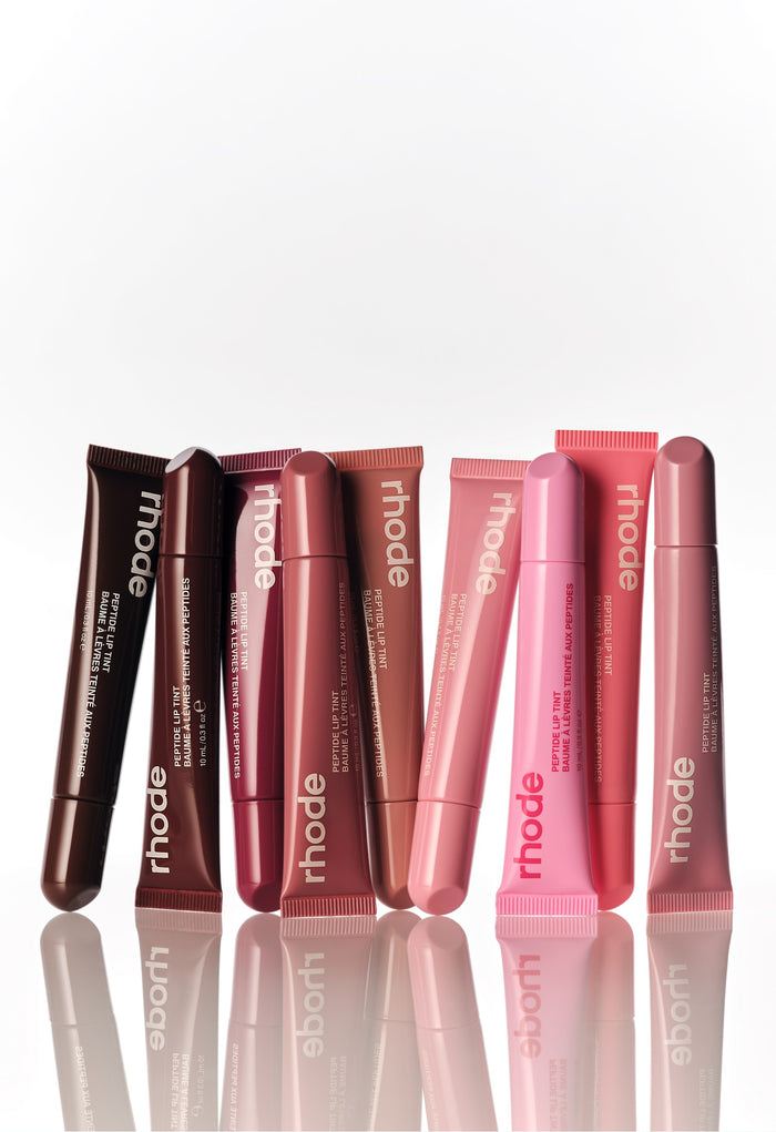 collection of peptide lip tints: espresso, pbj, raspberry jelly, salty tan, toast, ribbon, jelly bean, sweet pea, pretzel
