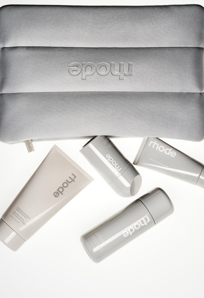 rhode kit gray pouch and pineapple refresh, glazing milk, peptide glazing fluid, barrier restore cream