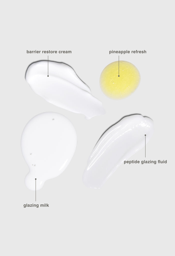 swatch of the four skin essentials in the rhode kit: pineapple refresh, glazing milk, peptide glazing fluid and barrier restore cream