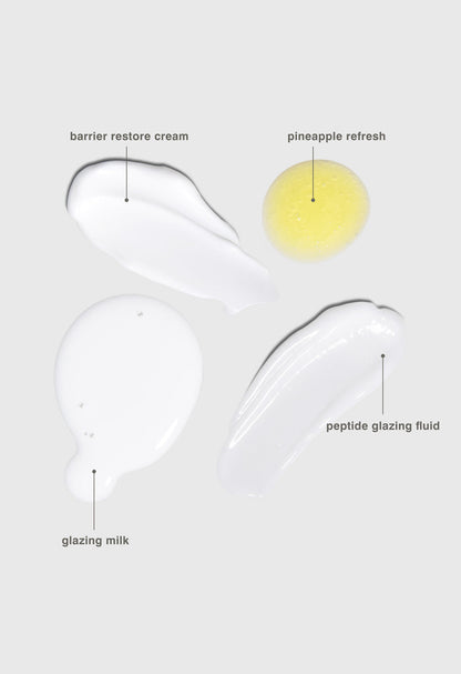 swatch of the four skin essentials in the rhode kit: pineapple refresh, glazing milk, peptide glazing fluid and barrier restore cream