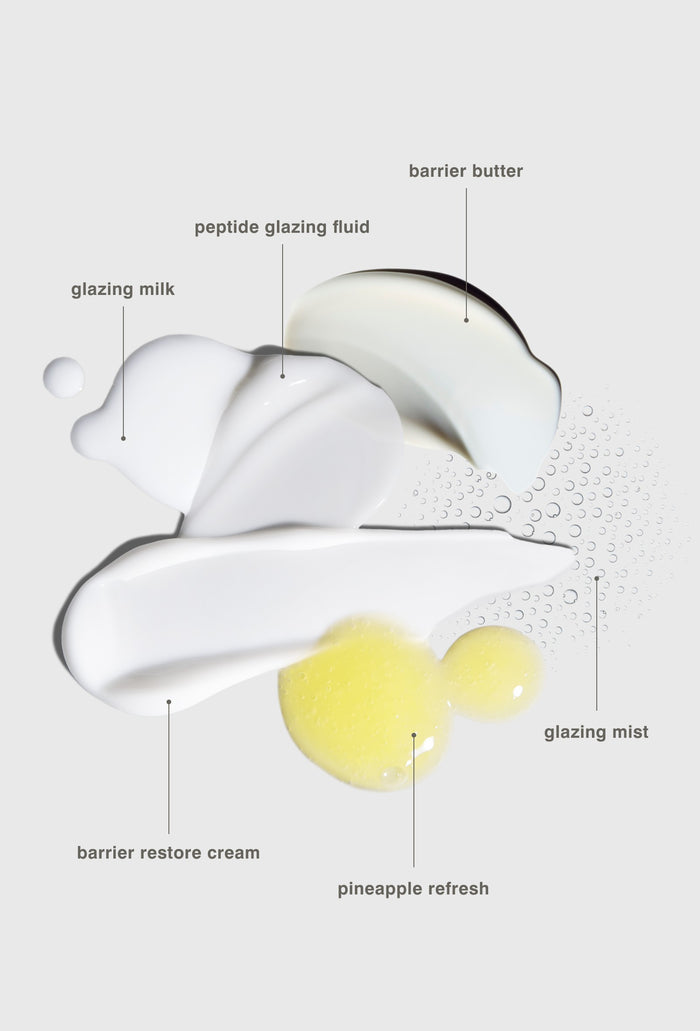 glazing milk, peptide glazing fluid, barrier butter, glazing mist, pineapple refresh, barrier restore cream