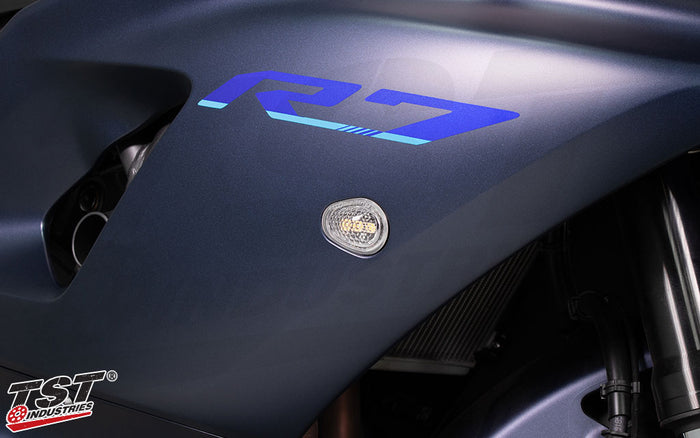 TST Flushmount turn signals sit flush with the Yamaha R7 side fairing.