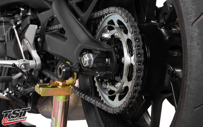 TST Industries Axle Block on the 2017-2020 Yamaha FZ09 / MT09 removes the stock swingarm fender bracket simply and easily!