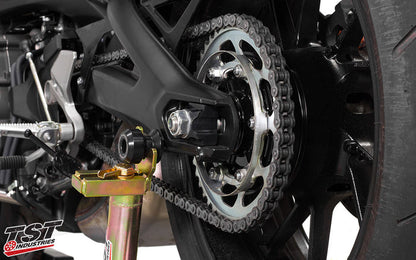 TST Industries Axle Block on the 2017-2020 Yamaha FZ09 / MT09 removes the stock swingarm fender bracket simply and easily!