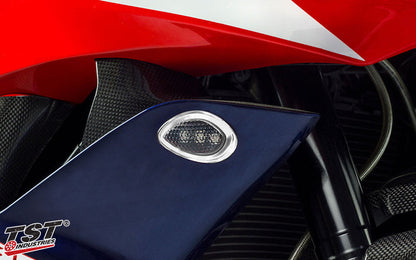 TST LED HALO-1 Front Flushmount Turn Signals on the 2007-2012 CBR600RR. (Hyper White HALO shown)