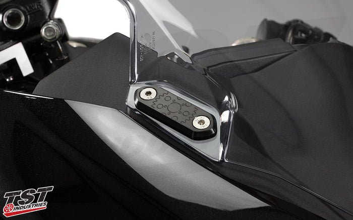 TST Mirror Block Off Plates installed on the 2018 Kawasaki Ninja 400.