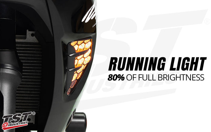 The Running Light operates at 80% brightness while the bike is on and not actively signaling.