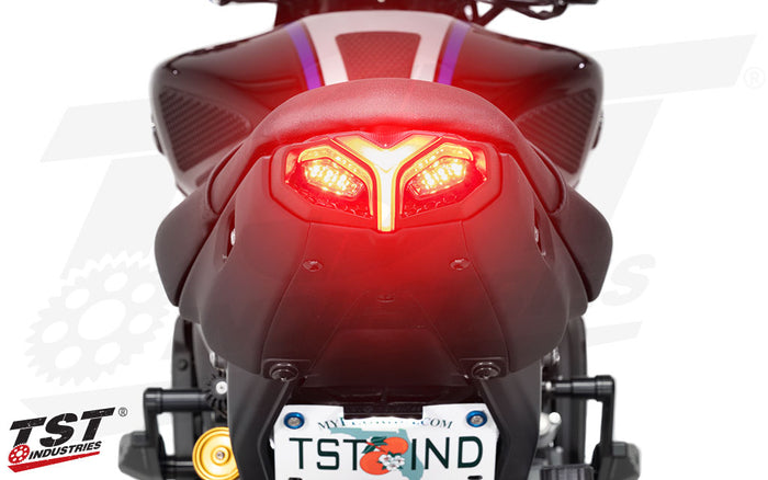 Brake activation TST Programmable And Sequential LED Integrated Tail Light For Yamaha MT-09 2021+ (Non-Blemished Unit Shown) the red LEDs to 100% for an extremely bright output on the rear of your MT-09.