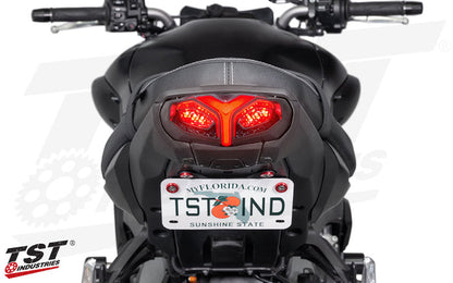 Comprised of high powered LEDs that create a menacing running light design.