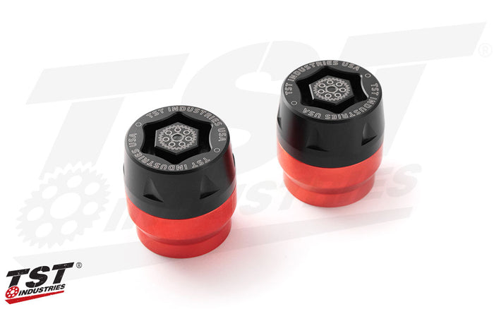 TST Industries Universal Mini-Bike Axle Sliders with a red anodized finish.