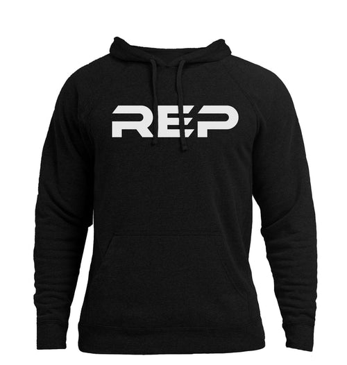The REP Fitness Unisex Daily Driver 2.0 Pull Over Hoodie in Black/White front, flat lay