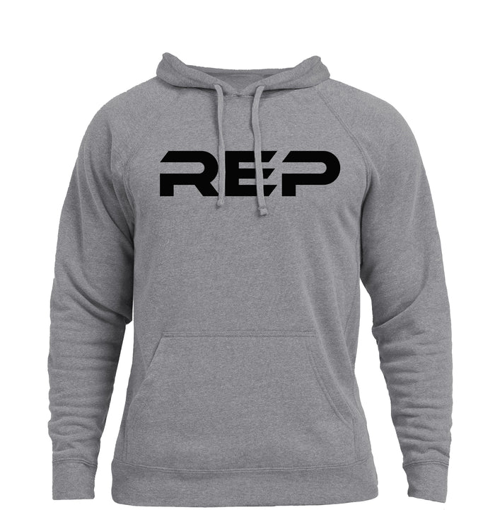 The REP Fitness Unisex Daily Driver 2.0 Pull Over Hoodie in Heather Gunmetal/Black front, flat lay