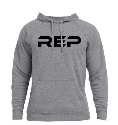 The REP Fitness Unisex Daily Driver 2.0 Pull Over Hoodie in Heather Gunmetal/Black front, flat lay
