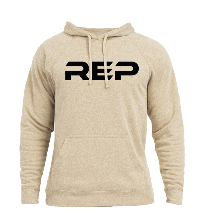 The REP Fitness Unisex Daily Driver 2.0 Pull Over Hoodie in Heather Stone/Black front, flat lay