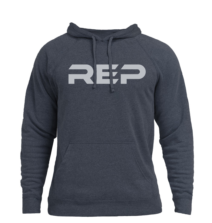 The REP Fitness Unisex Daily Driver 2.0 Pull Over Hoodie in Heather Navy/Silver front, flat lay