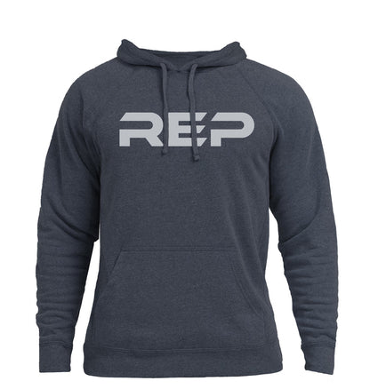 The REP Fitness Unisex Daily Driver 2.0 Pull Over Hoodie in Heather Navy/Silver front, flat lay