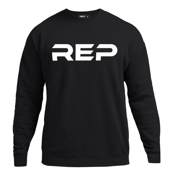 The REP Fitness Unisex Daily Driver Crewneck Sweatshirt in Black/White front
