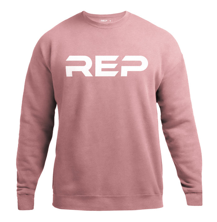 The REP Fitness Unisex Daily Driver Crewneck Sweatshirt in Dusty Mauve/White front