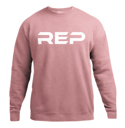 The REP Fitness Unisex Daily Driver Crewneck Sweatshirt in Dusty Mauve/White front