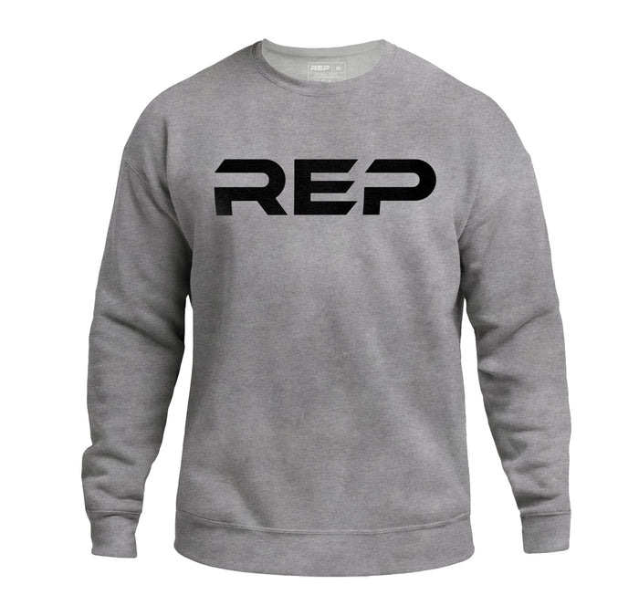 The REP Fitness Unisex Daily Driver Crewneck Sweatshirt in Heather Gray/Black front, flat lay