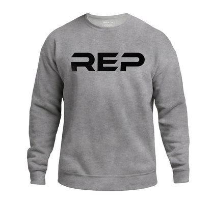 The REP Fitness Unisex Daily Driver Crewneck Sweatshirt in Heather Gray/Black front, flat lay