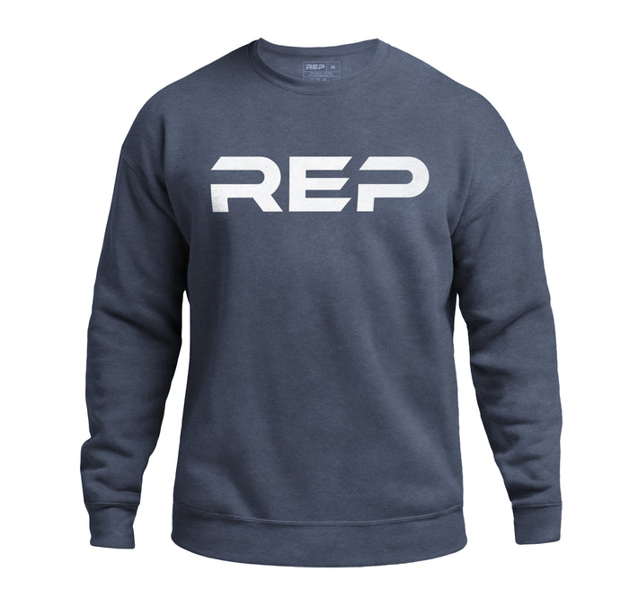 The REP Fitness Unisex Daily Driver Crewneck Sweatshirt in Heather Navy/White front