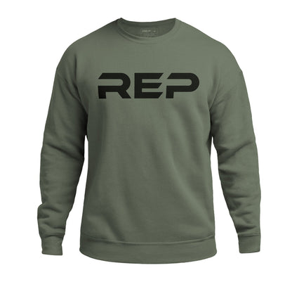 The REP Fitness Unisex Daily Driver Crewneck Sweatshirt in Olive/Black front, flat lay