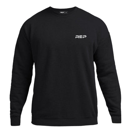 The REP Fitness Unisex REP® Crewneck Sweatshirt in Black/White front, flat lay
