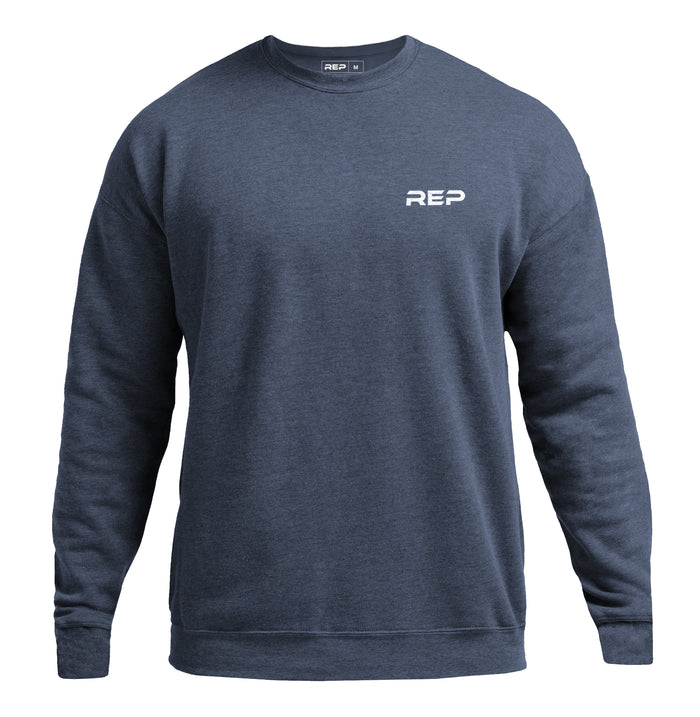 The REP Fitness Unisex REP® Crewneck Sweatshirt in Heather Navy/White front, flat lay