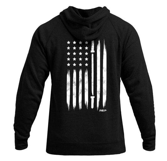 The REP Fitness Unisex USA Pull Over Hoodie in Black/White back, flat lay