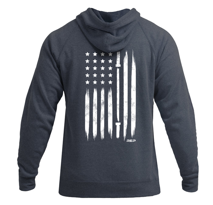The REP Fitness Unisex USA Pull Over Hoodie in Heather Navy/White back