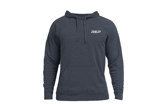 The REP Fitness Unisex USA Pull Over Hoodie in Heather Navy/White front, flat lay