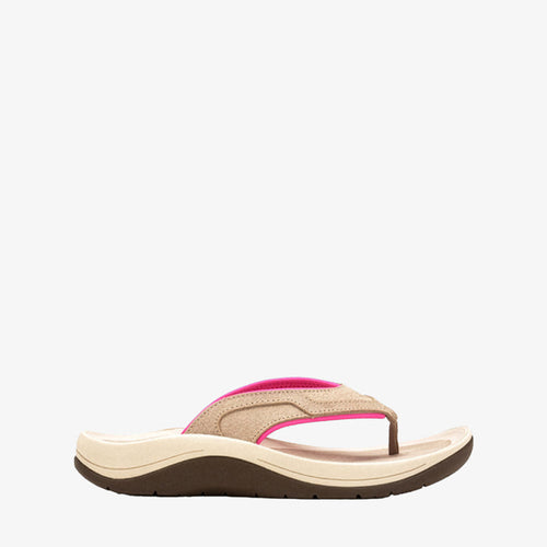 A single women's flip-flop sandal shown in a side profile on a white background. The sandal features a beige woven upper strap with a vibrant hot pink accent, resting on a thick beige footbed and a dark brown outsole.