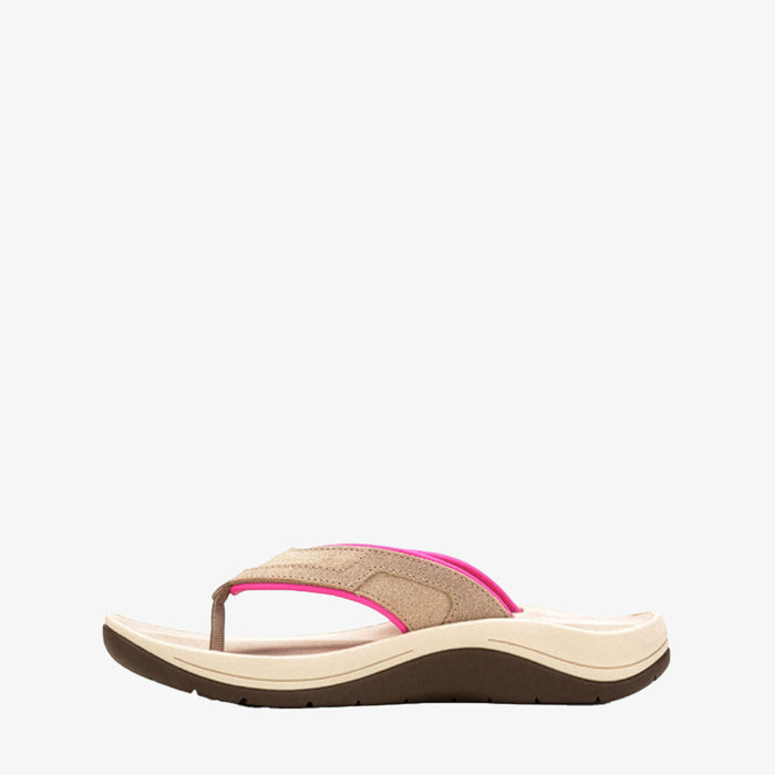 A single women's flip-flop sandal shown in side profile against a plain white background. The sandal features a beige textured upper strap with a vibrant hot pink accent line, a cream-colored footbed, and a dark brown outsole.