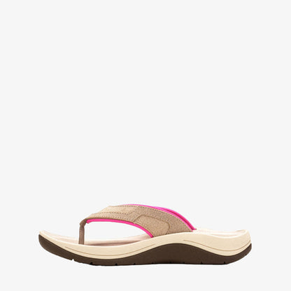 A single women's flip-flop sandal shown in side profile against a plain white background. The sandal features a beige textured upper strap with a vibrant hot pink accent line, a cream-colored footbed, and a dark brown outsole.
