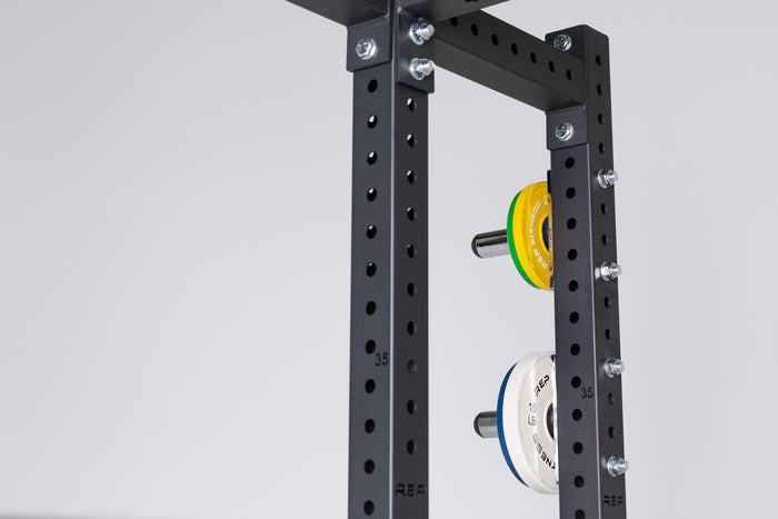 Close Up of PR-4000 Power Rack Weight Horns on Weight Storage