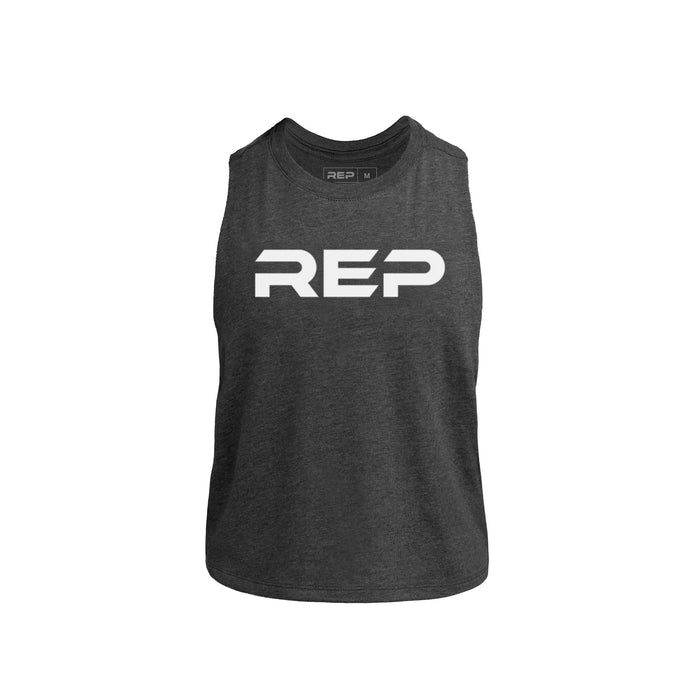 The REP Fitness Women's Daily Driver Cropped Dual-Blend Tank in Heather Charcoal/White front