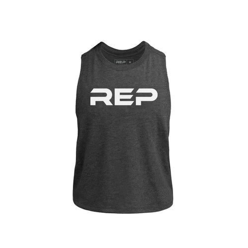 The REP Fitness Women's Daily Driver Cropped Dual-Blend Tank in Heather Charcoal/White front