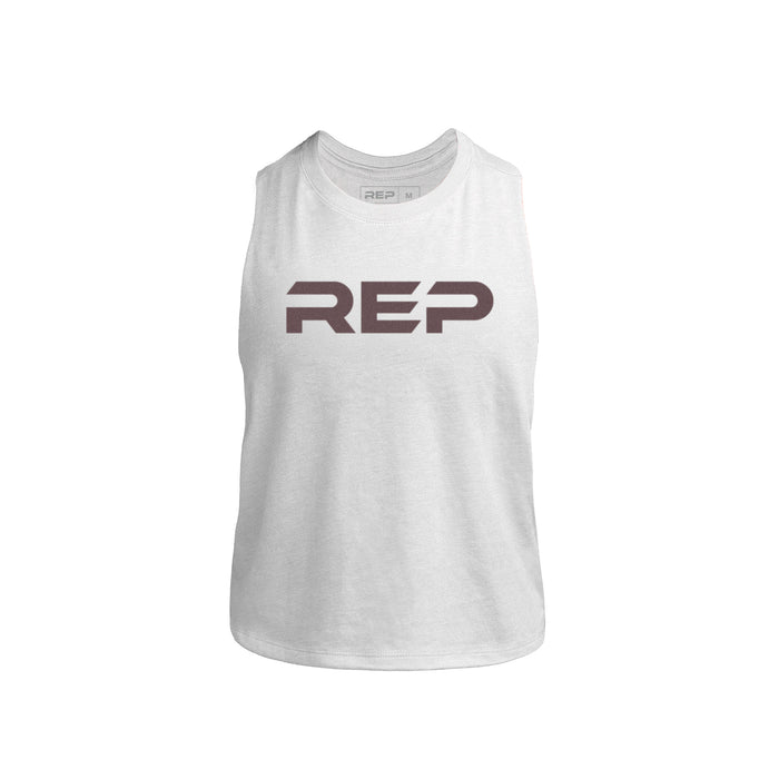 The REP Fitness Women's Daily Driver Cropped Dual-Blend Tank in Heather White/Cocoa front