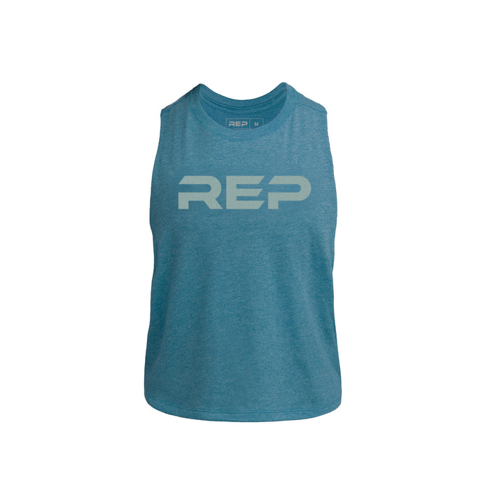 The REP Fitness Women's Daily Driver Cropped Dual-Blend Tank in Heather Teal/Aqua Gray front