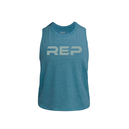 The REP Fitness Women's Daily Driver Cropped Dual-Blend Tank in Heather Teal/Aqua Gray front