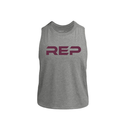 The REP Fitness Women's Daily Driver Cropped Dual-Blend Tank in Heather Gray/Wine front