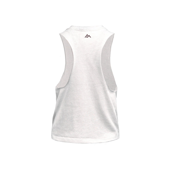 The REP Fitness Women's Daily Driver Cropped Dual-Blend Tank in Heather White/Cocoa back