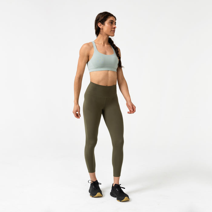 The REP Fitness Women's Lattis Sports Bra in Aqua Gray front, side angle