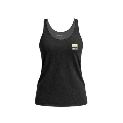The REP Fitness Women's Rise Tri-Blend Tank in Heather Black/Tan front