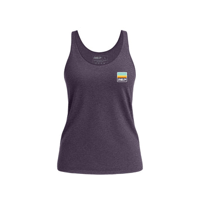 The REP Fitness Women's Rise Tri-Blend Tank in Heather Purple/Blue front
